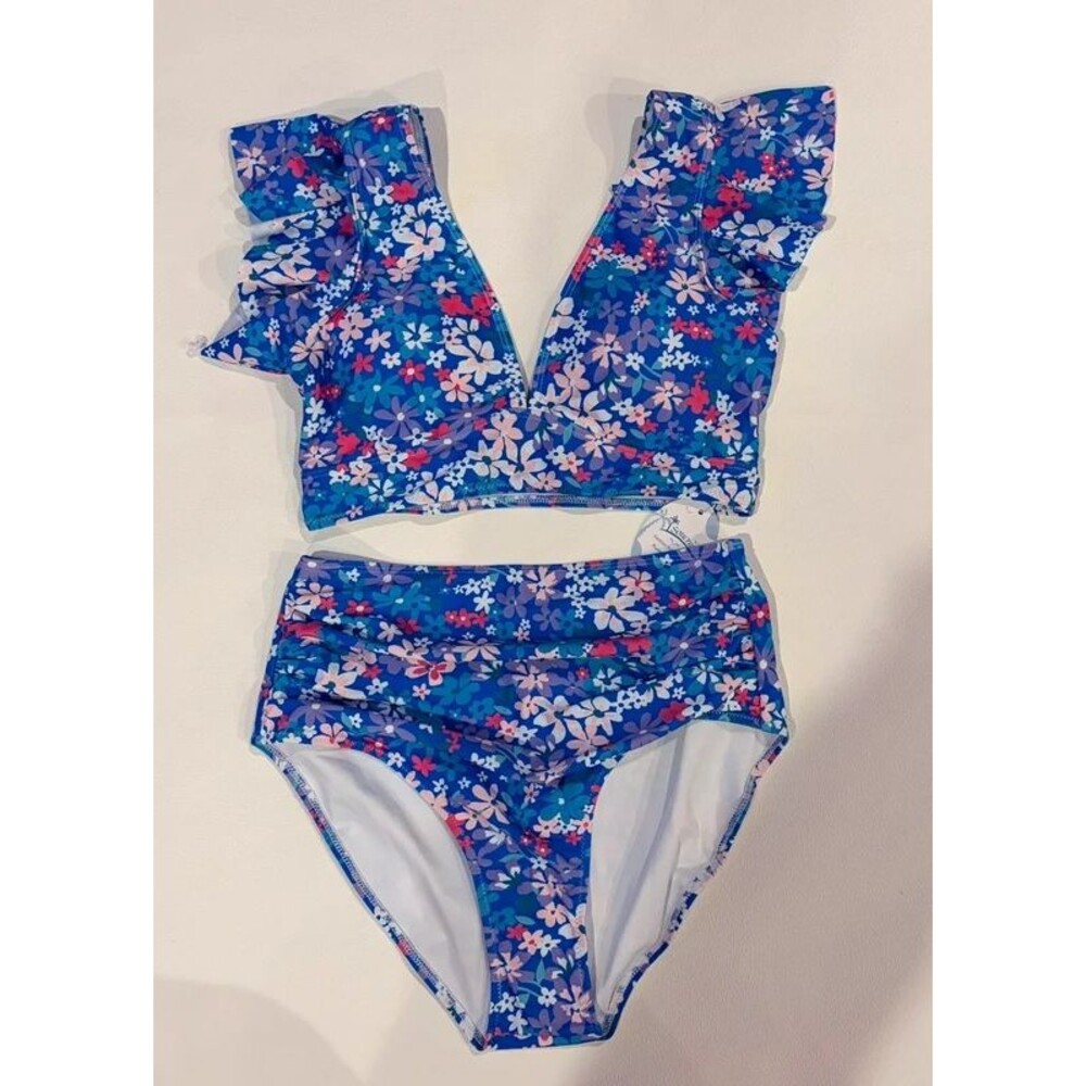 Sourcrat Blue Floral Ruffle High-Waisted Two Piece Swimsuit – Size Small